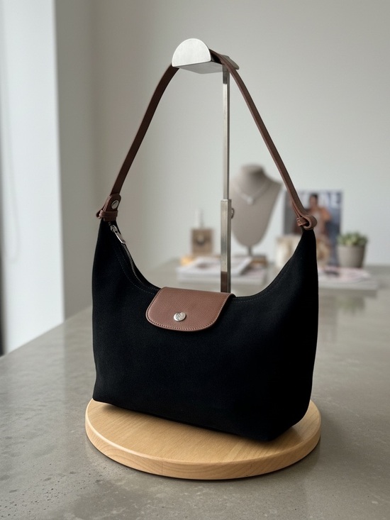 Pony Twenty Eight Handbags - Black Suede 2 Way Bag with Brown Leather Trim and Strap